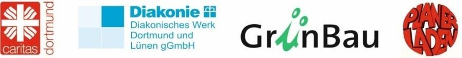 Zusammenstellung von Logos: Caritas Dortmund, Diakonie Dortmund, Grünbau, Planerladen