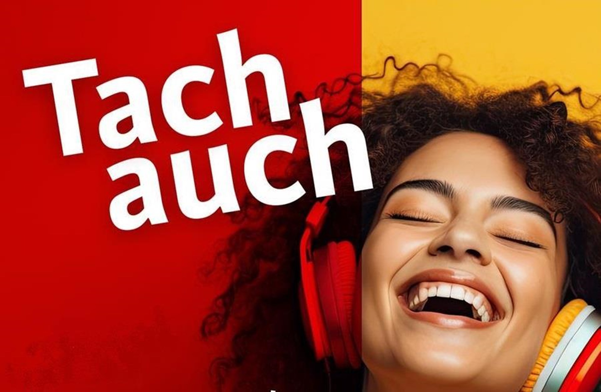 Coverbild des Podcast der Caritas Dortmund. Eine Frau trägt einen Kopfhörer und lacht.